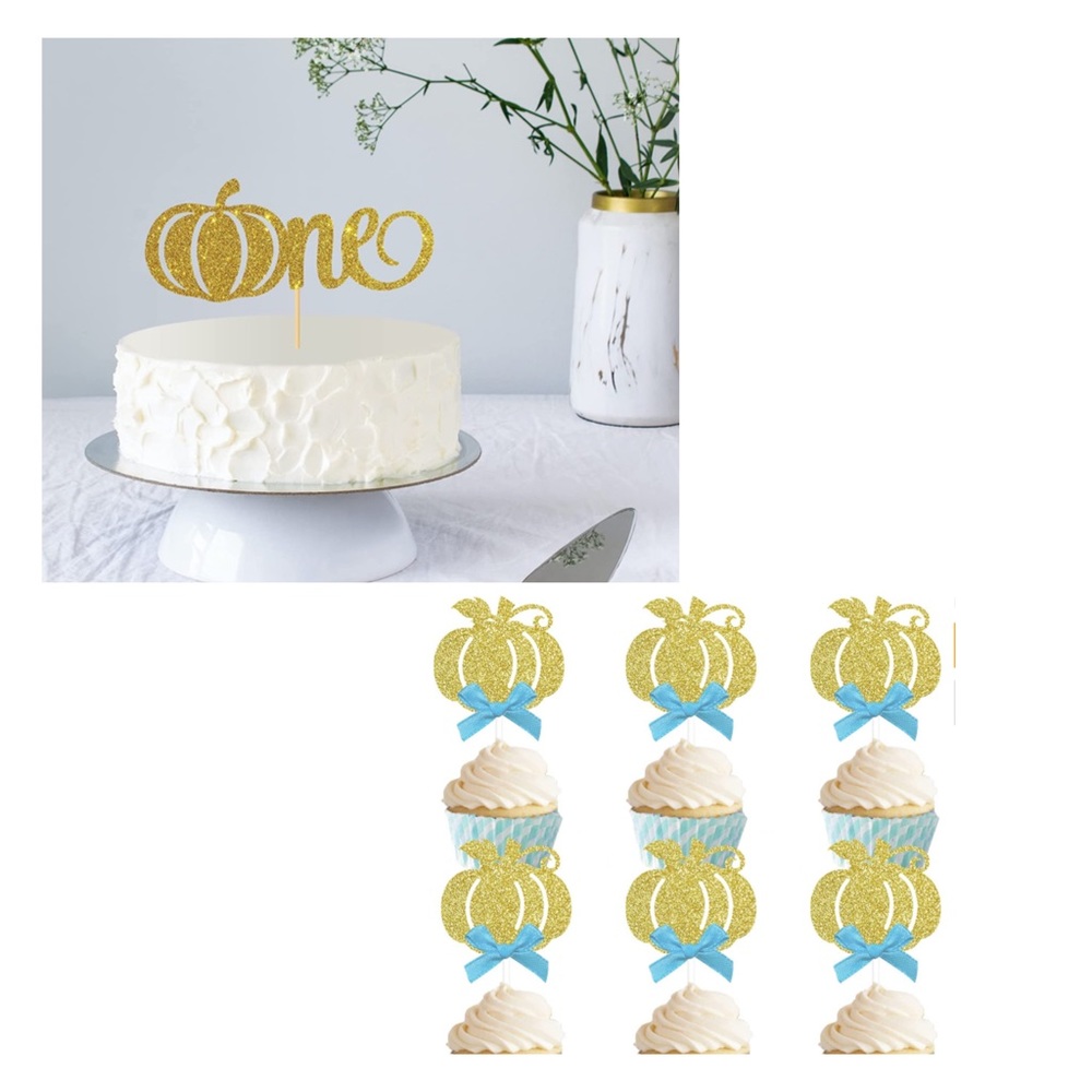 Gold Glitter Pumpkin One Cake Topper and 12Pcs Cupcake Topper